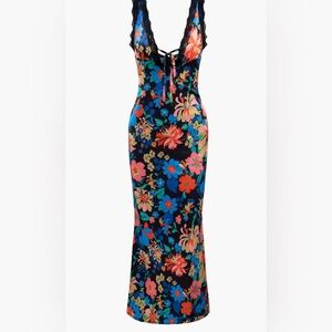 Beautifully vibrant floral maxi dress, black lace detailing, size L
